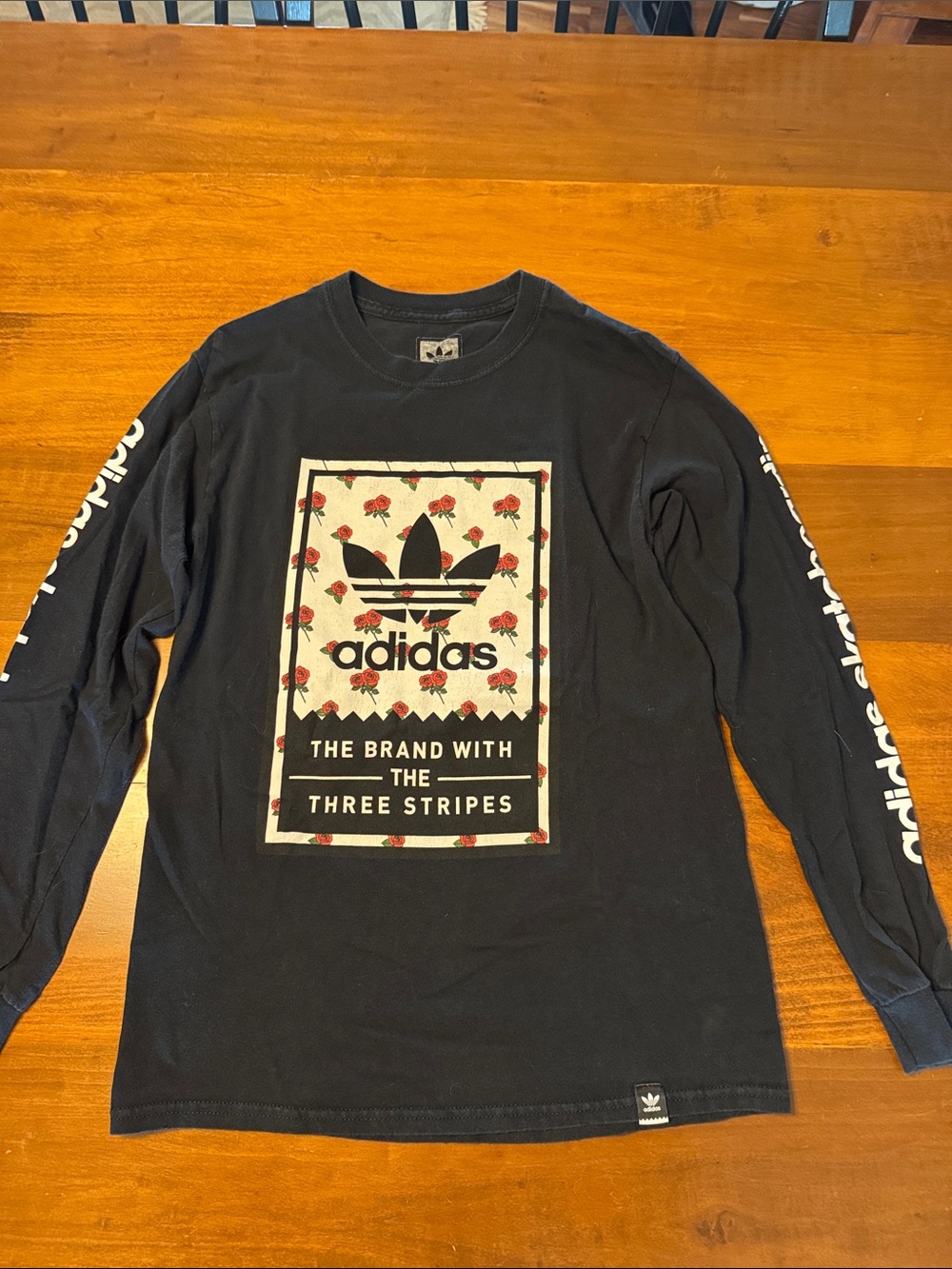 adidas Black Long-Sleeve Trefoil Tee with Red Rose Motif